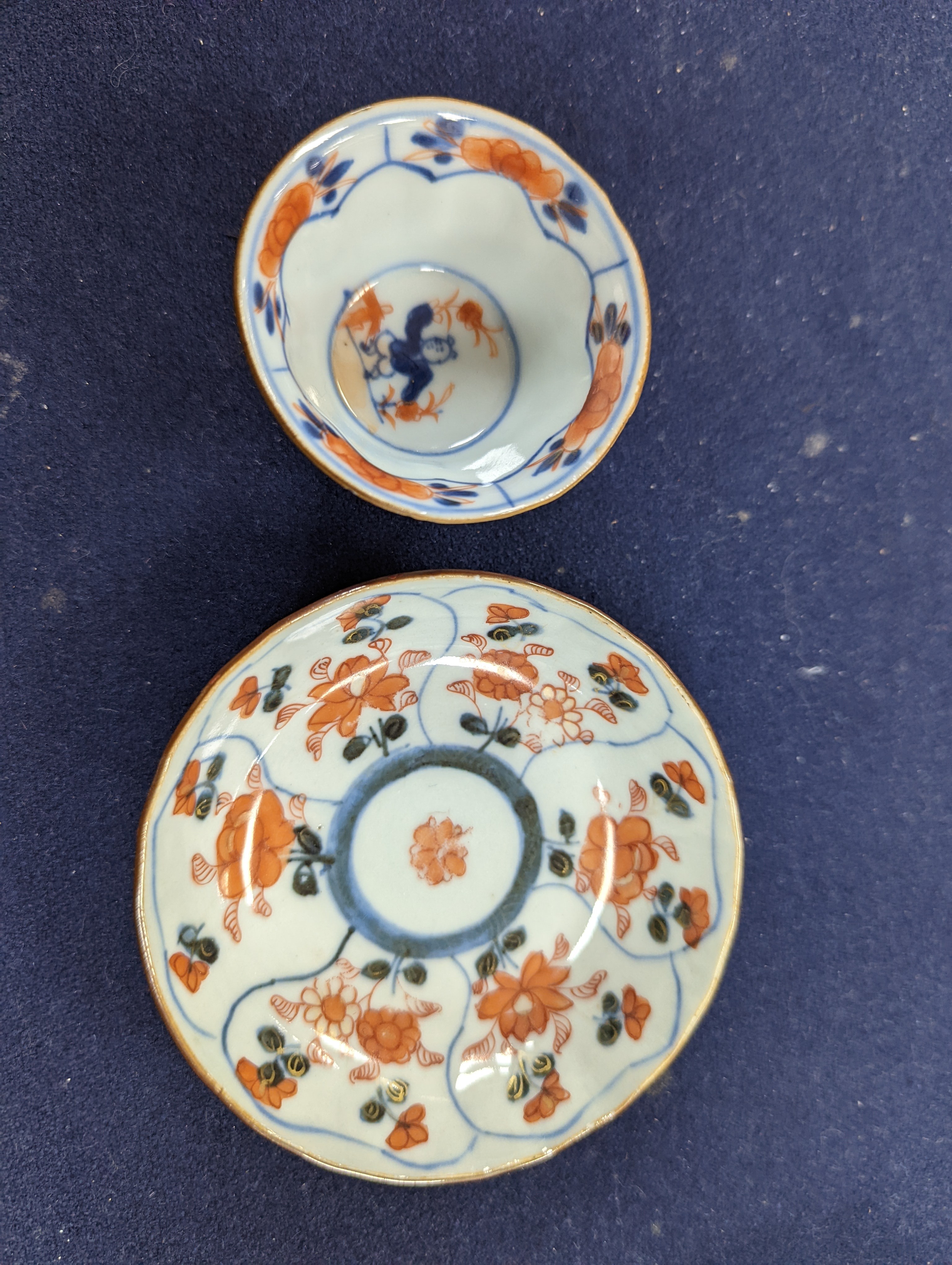 Six Chinese export porcelain teabowls and saucers, Kangxi to early Qianlong period. Provenance - Mona Sattin collection of miniature cups and saucers, collection no.s 310, 317, 324-326 and 328.